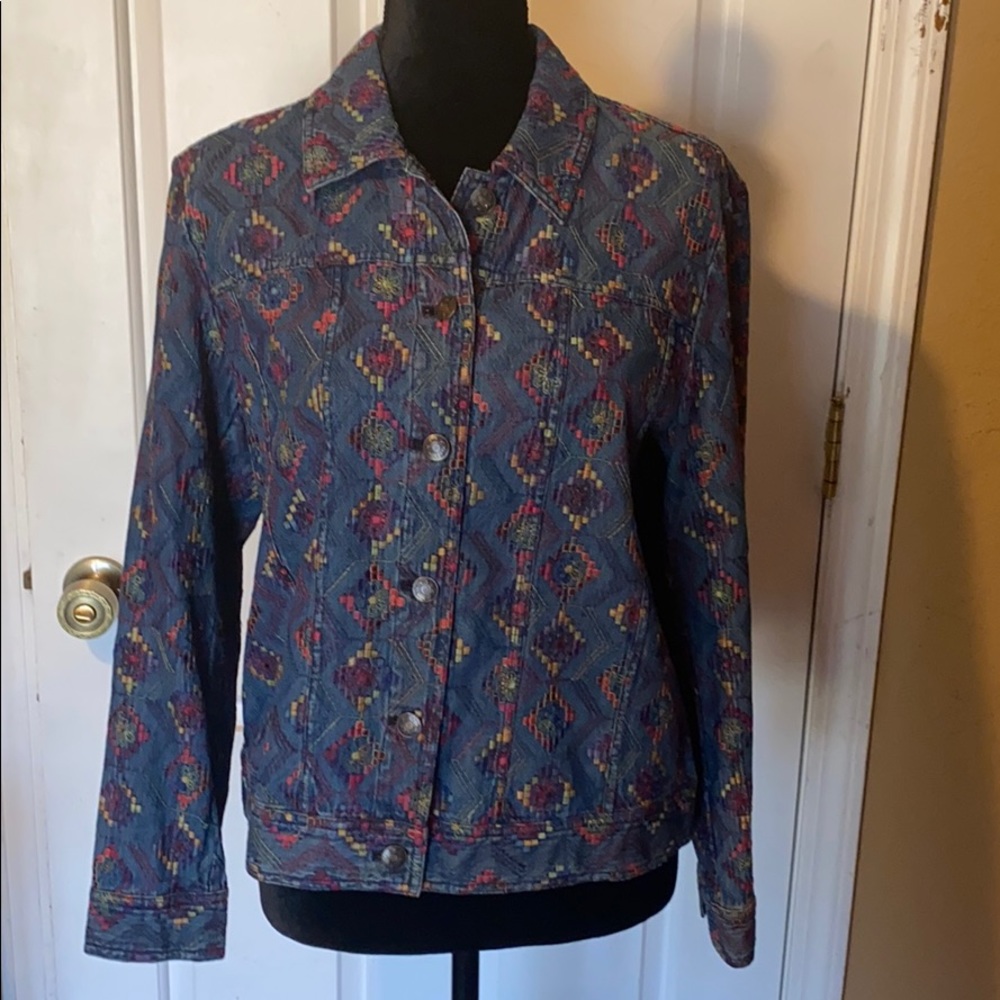 ColdCreek multi colored embroidered jean blouse